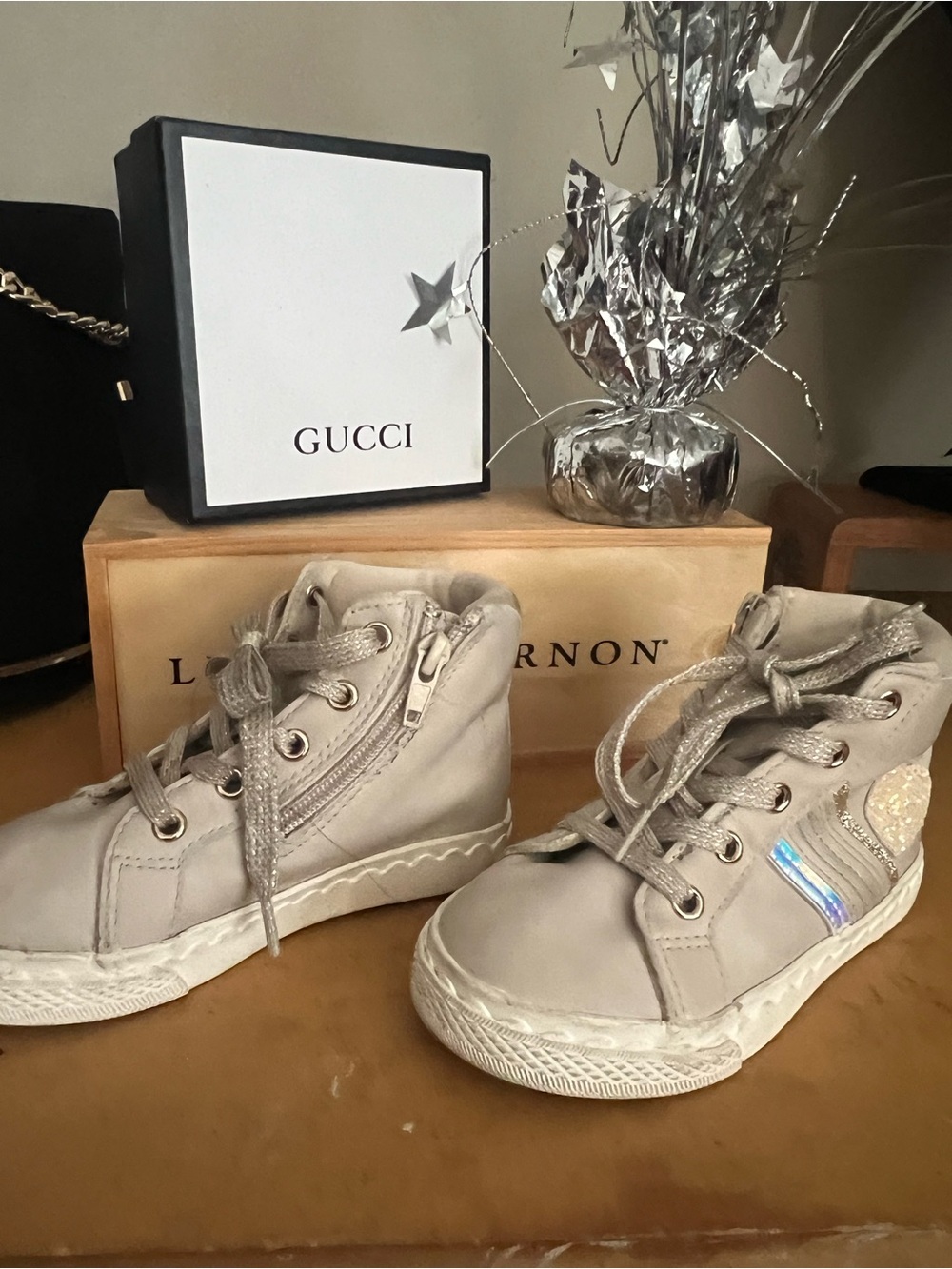 Kids High-Top Sneakers in Light Beige with Sparkle Accents - Unbranded